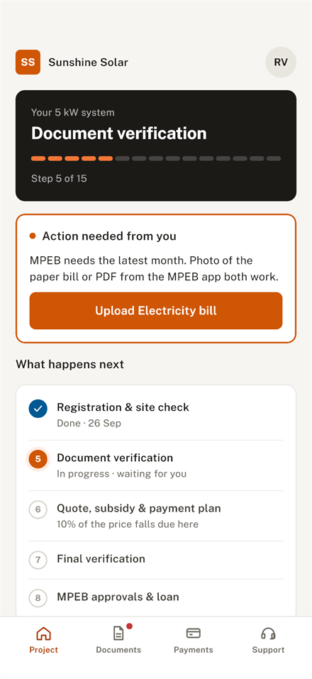 The customer app: the project's progress, step by step.