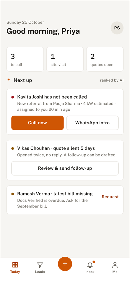 The sales app's Today screen: who to call next, ranked.