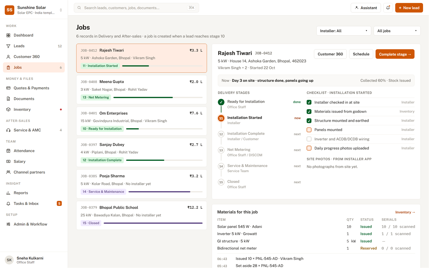 A job: its delivery stages, the site checklist, the materials issued and the serial numbers.