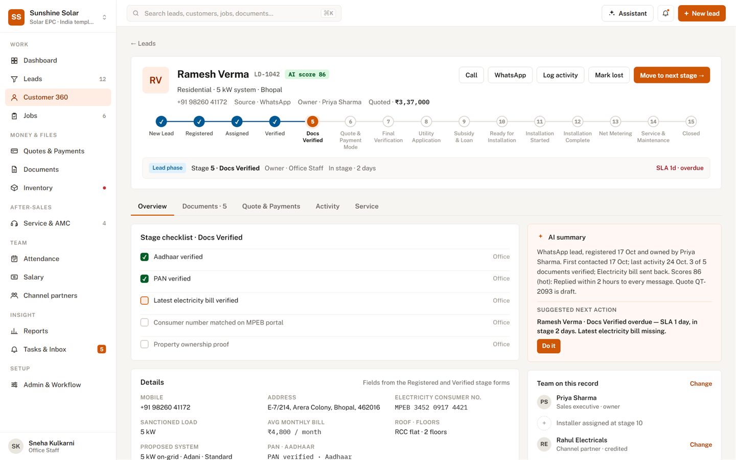 A customer's page: stages, checklist, AI summary, the team and linked records.