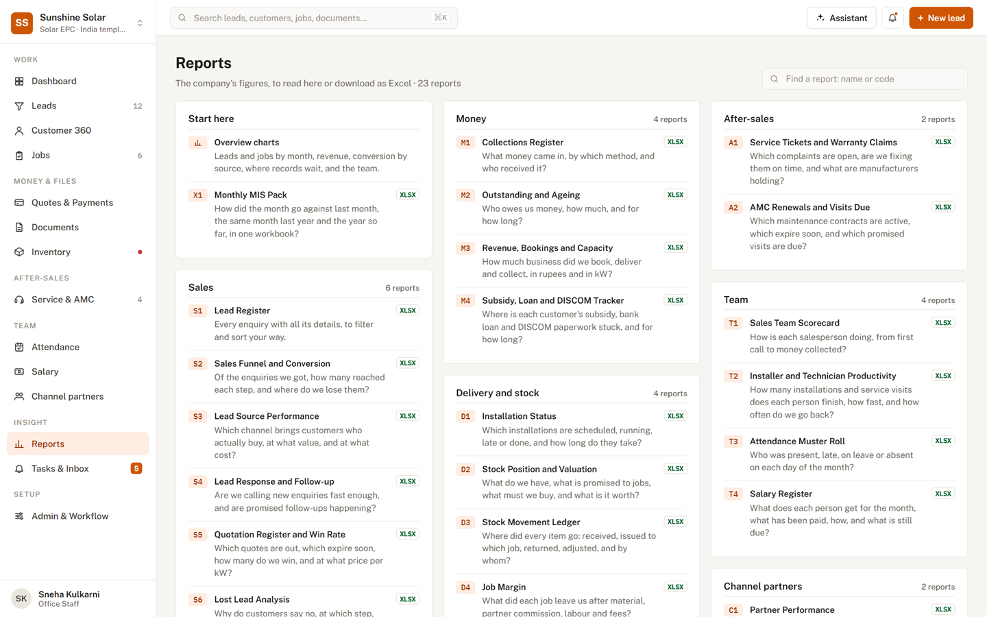 Reports home: sales, money, delivery, after-sales, team and partner reports, each downloadable as Excel.